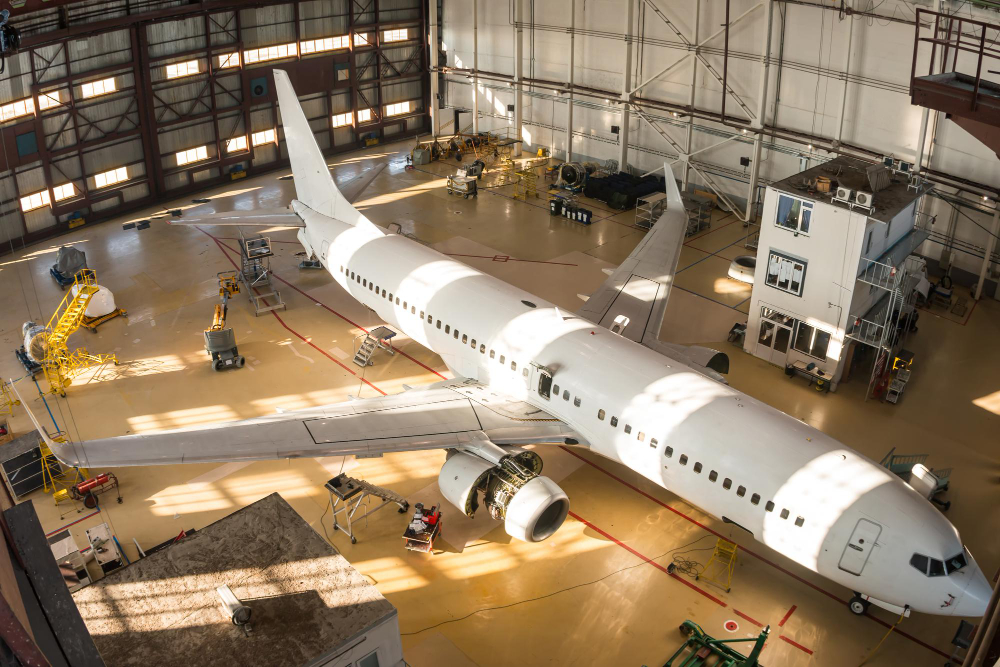 vista-superior-avion-pasajeros-blanco-hangar